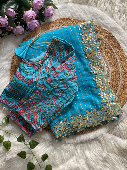 Stitched Blouse With Faux Georgette Saree With Mirror Lace & Sequins Work