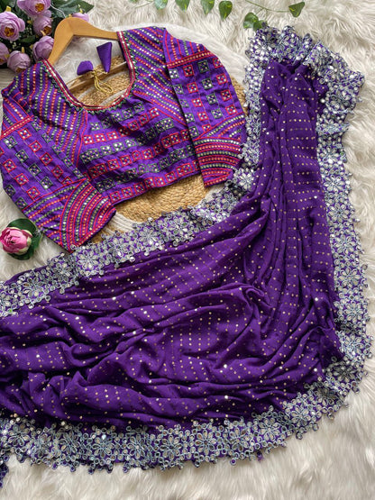 Stitched Blouse With Faux Georgette Saree With Mirror Lace & Sequins Work