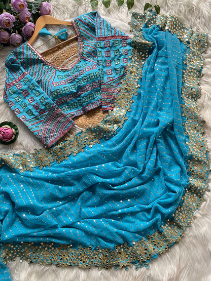 Stitched Blouse With Faux Georgette Saree With Mirror Lace & Sequins Work