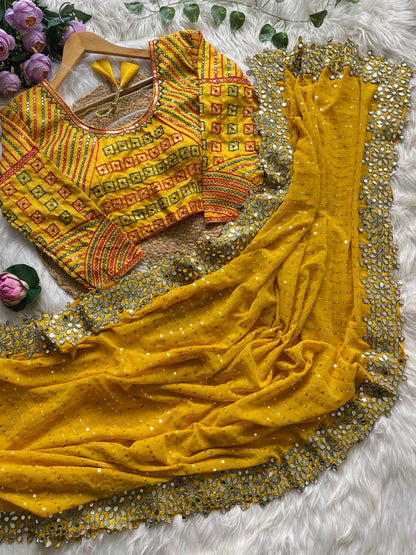 Stitched Blouse With Faux Georgette Saree With Mirror Lace & Sequins Work