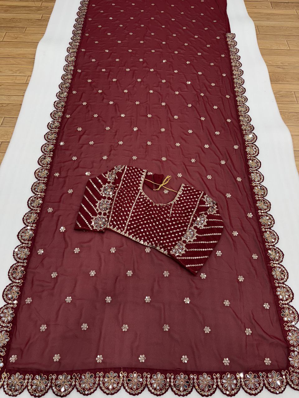 Stitched Blouse With Real Mirror Work Georgette Saree