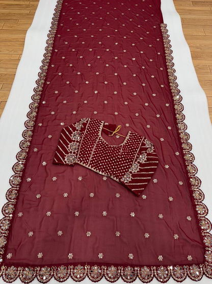 Stitched Blouse With Real Mirror Work Georgette Saree