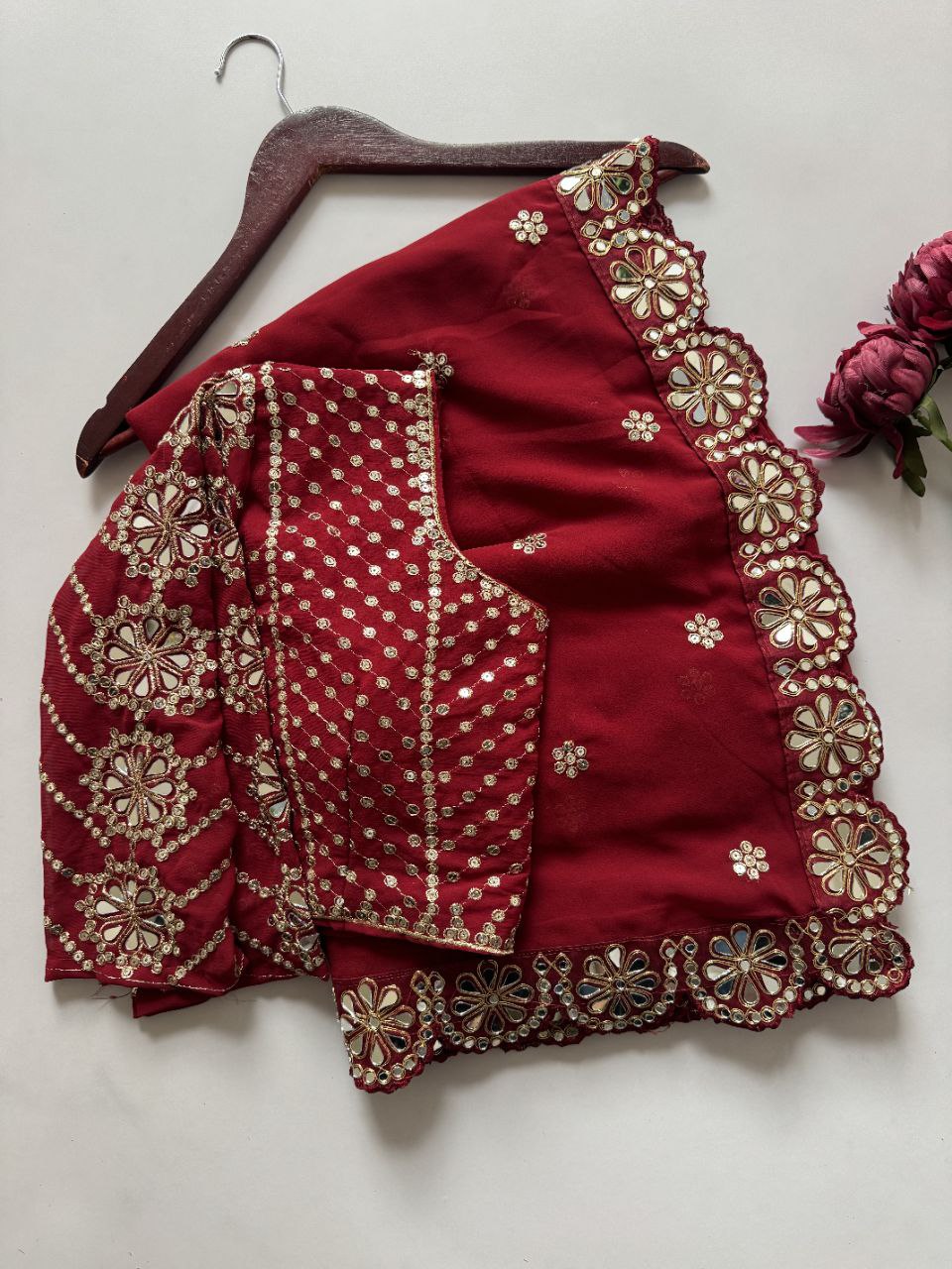 Stitched Blouse With Real Mirror Work Georgette Saree
