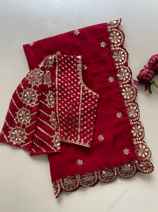 Stitched Blouse With Real Mirror Work Georgette Saree