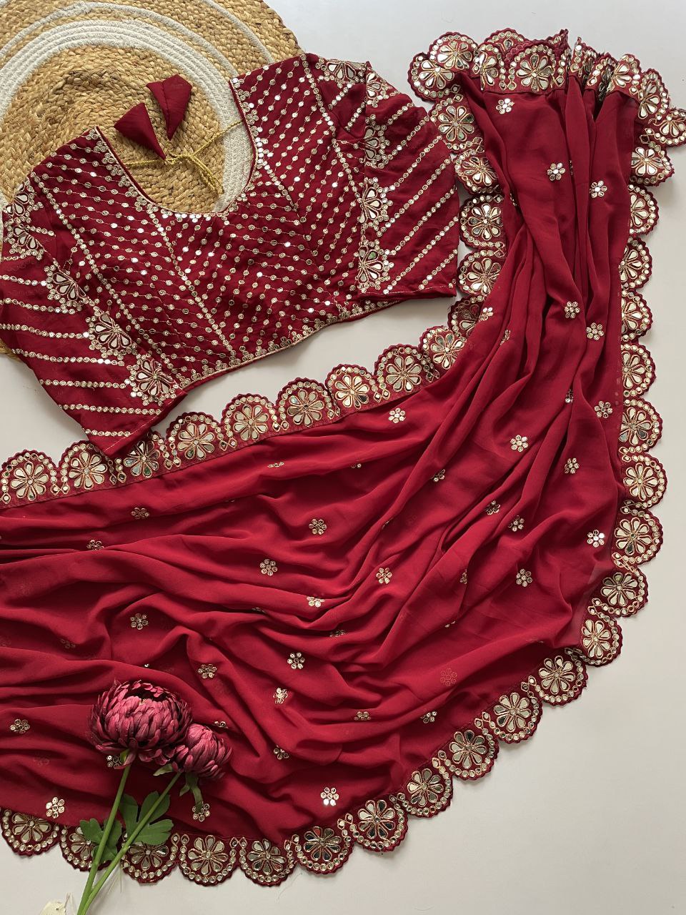 Stitched Blouse With Real Mirror Work Georgette Saree