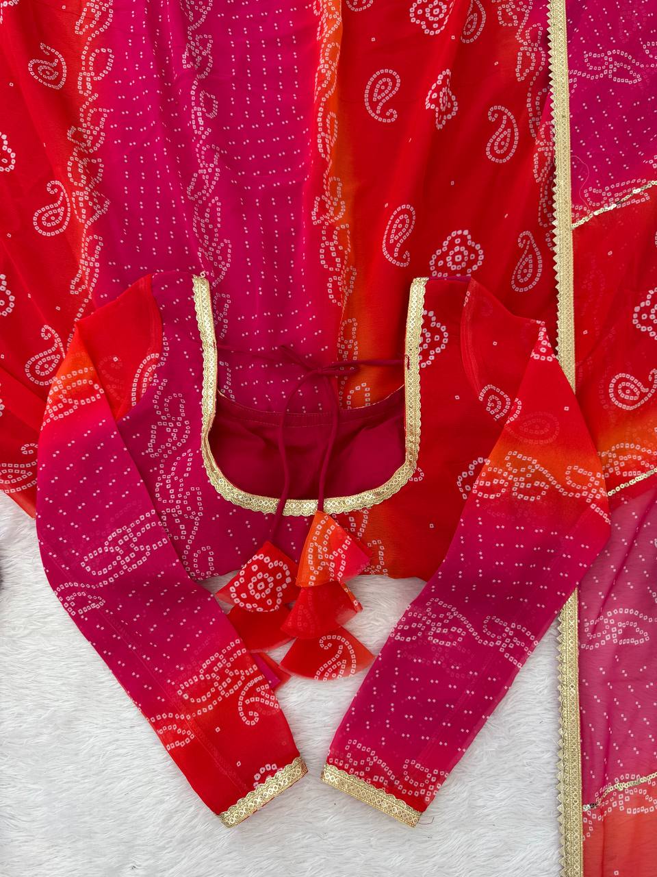 Pink and Orange Bandhani Print Faux Georgette Anarkali with Dupatta Fully Stiched Gown