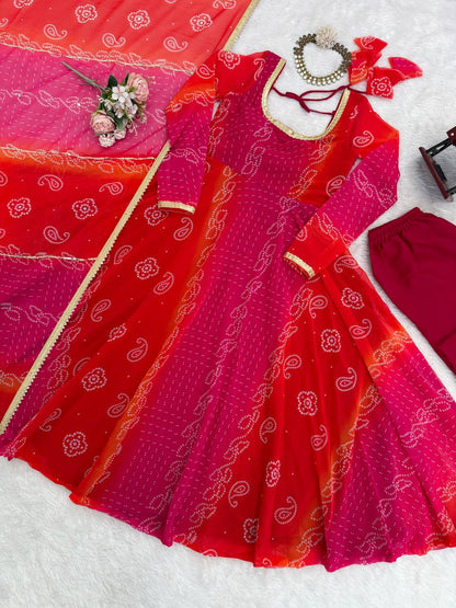 Pink and Orange Bandhani Print Faux Georgette Anarkali with Dupatta Fully Stiched Gown