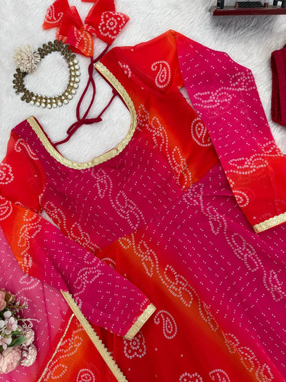 Pink and Orange Bandhani Print Faux Georgette Anarkali with Dupatta Fully Stiched Gown