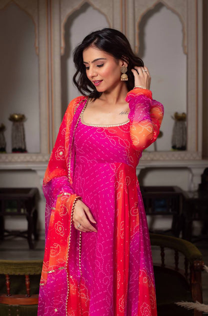 Pink and Orange Bandhani Print Faux Georgette Anarkali with Dupatta Fully Stiched Gown