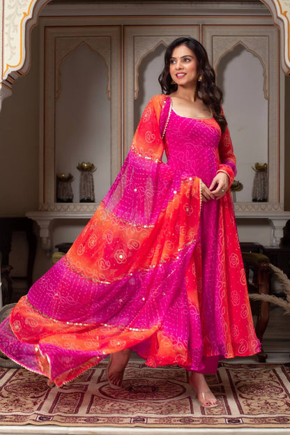 Pink and Orange Bandhani Print Faux Georgette Anarkali with Dupatta Fully Stiched Gown