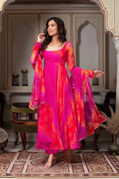 Pink and Orange Bandhani Print Faux Georgette Anarkali with Dupatta Fully Stiched Gown