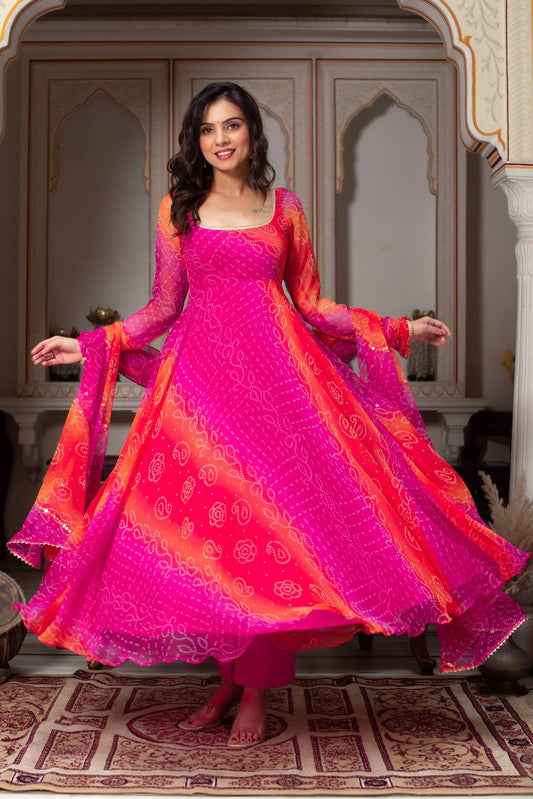Pink and Orange Bandhani Print Faux Georgette Anarkali with Dupatta Fully Stiched Gown