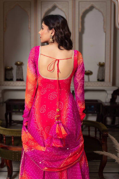 Pink and Orange Bandhani Print Faux Georgette Anarkali with Dupatta Fully Stiched Gown