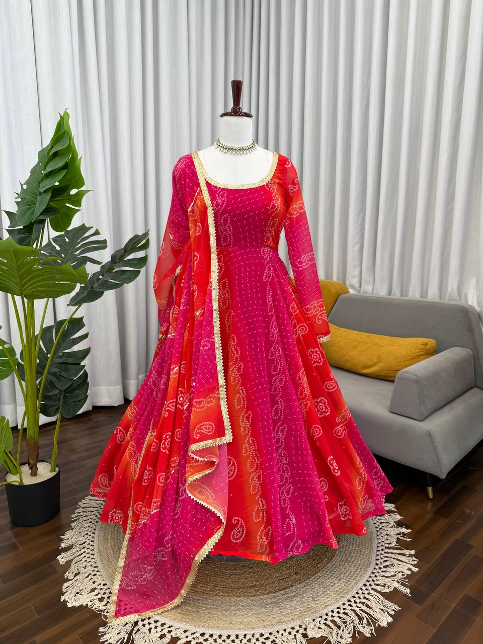 Pink and Orange Bandhani Print Faux Georgette Anarkali with Dupatta Fully Stiched Gown