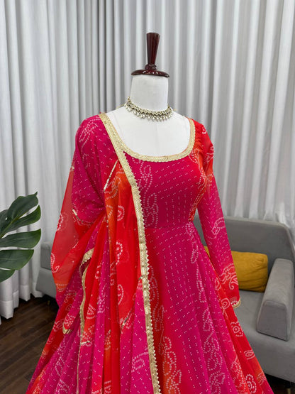 Pink and Orange Bandhani Print Faux Georgette Anarkali with Dupatta Fully Stiched Gown
