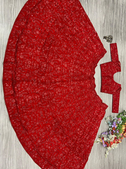Red Colour Vichitra Silk Embroidery Sequence Design Work Lehenga Choli