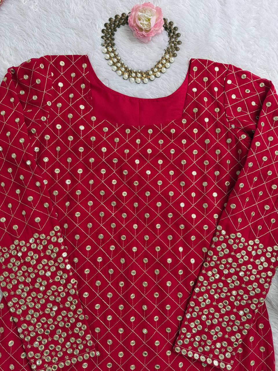Rich Deep Red Colour Golden Sequin And Thread Embroidery Work Fully Stiched Sharara Suit