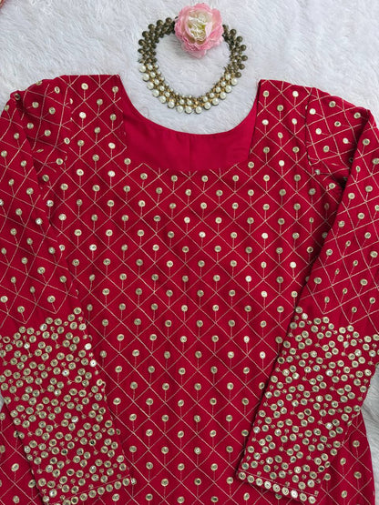 Rich Deep Red Colour Golden Sequin And Thread Embroidery Work Fully Stiched Sharara Suit