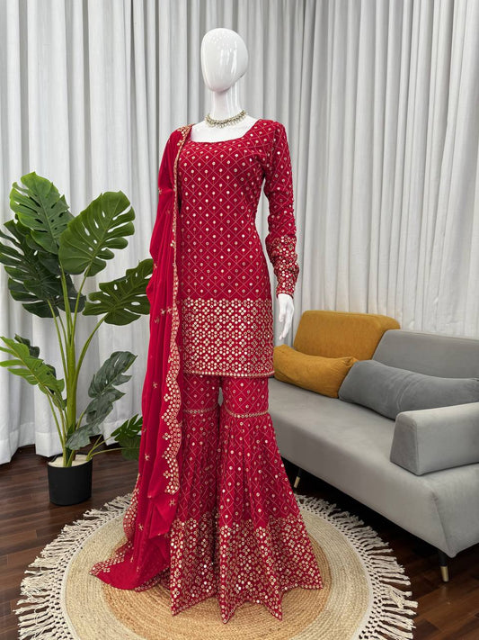Rich Deep Red Colour Golden Sequin And Thread Embroidery Work Fully Stiched Sharara Suit