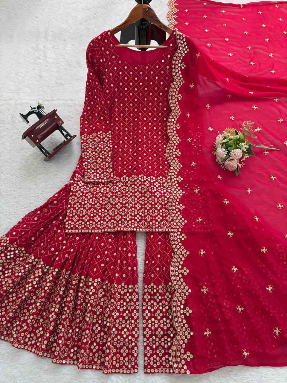 Rich Deep Red Colour Golden Sequin And Thread Embroidery Work Fully Stiched Sharara Suit