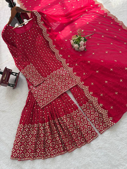 Rich Deep Red Colour Golden Sequin And Thread Embroidery Work Fully Stiched Sharara Suit