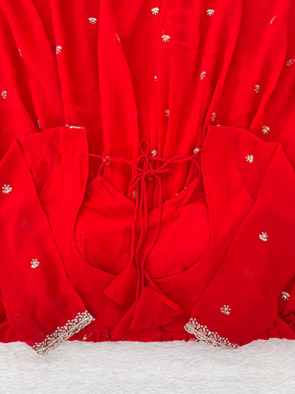 Red Georgette Anarkali Suit Set with 4-Meter Flair Fully Stiched