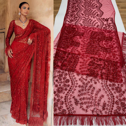 Red Soft Net Sequence Embroidary Work Party Wear Saree