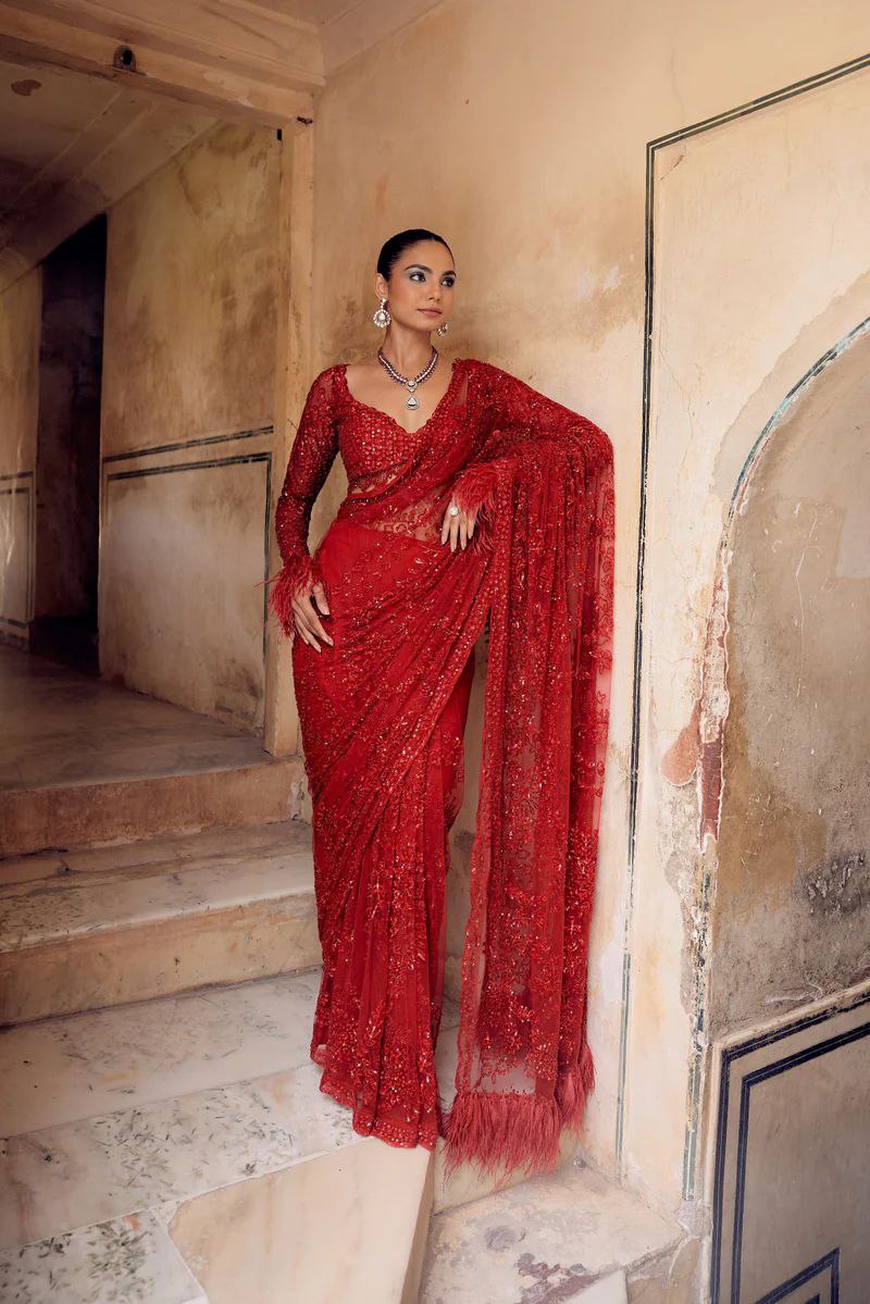 Red Soft Net Sequence Embroidary Work Party Wear Saree