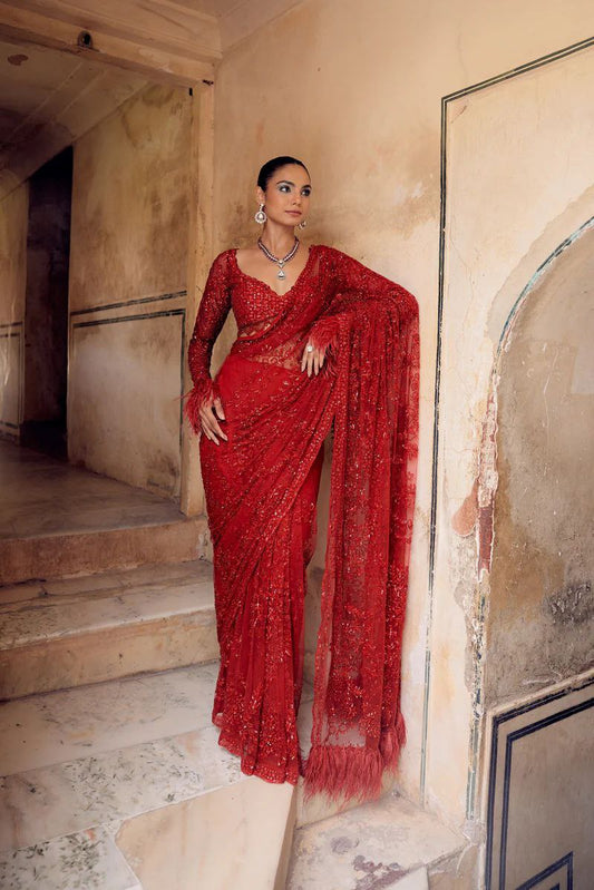 Red Soft Net Sequence Embroidary Work Party Wear Saree