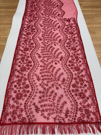 Red Soft Net Sequence Embroidary Work Party Wear Saree