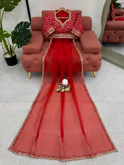 Red Organza Silk Embroidary Sequence Work Fastiwal Wear Saree