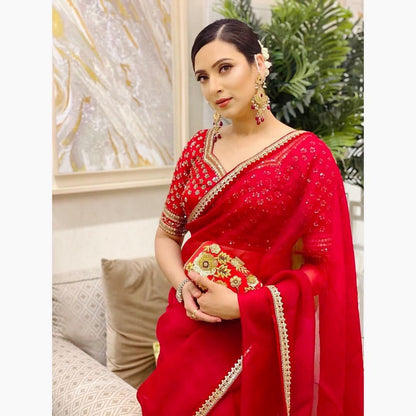 Red Organza Silk Embroidary Sequence Work Fastiwal Wear Saree