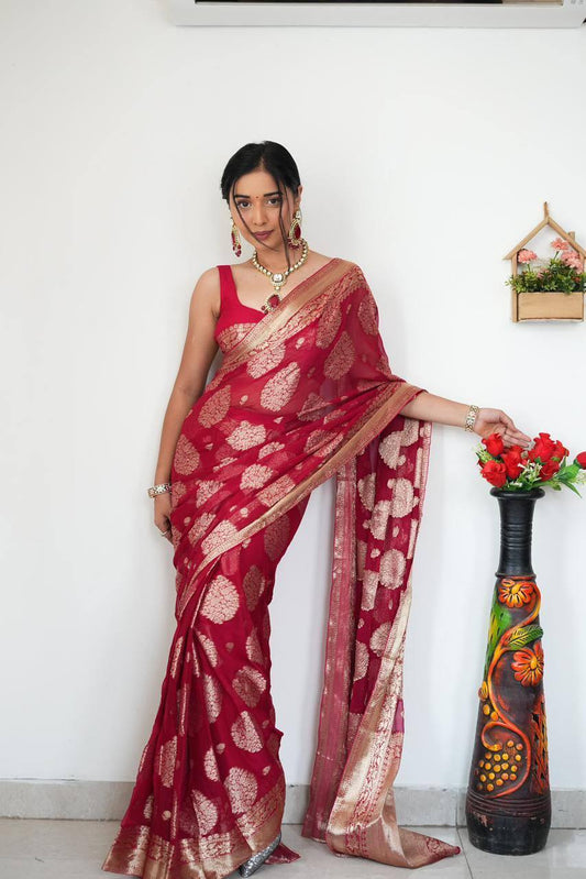 Red Soft Lilan Slab Ready To Wear Jacquard Weaving Saree With Zalar