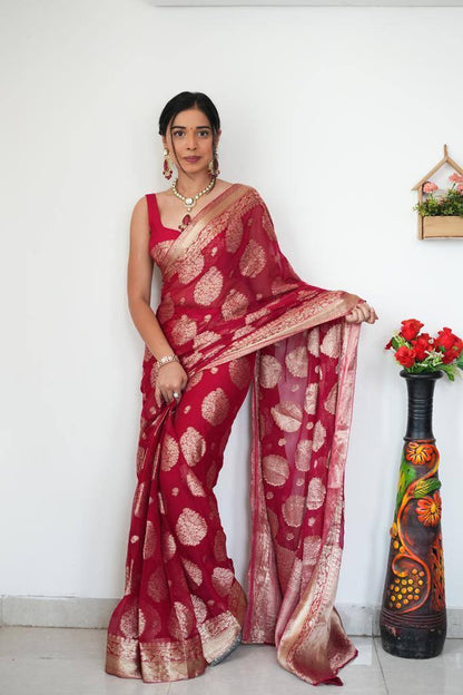 Red Soft Lilan Slab Ready To Wear Jacquard Weaving Saree With Zalar