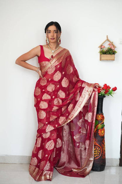 Red Soft Lilan Slab Ready To Wear Jacquard Weaving Saree With Zalar
