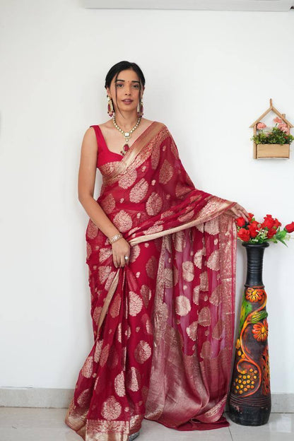 Red Soft Lilan Slab Ready To Wear Jacquard Weaving Saree With Zalar