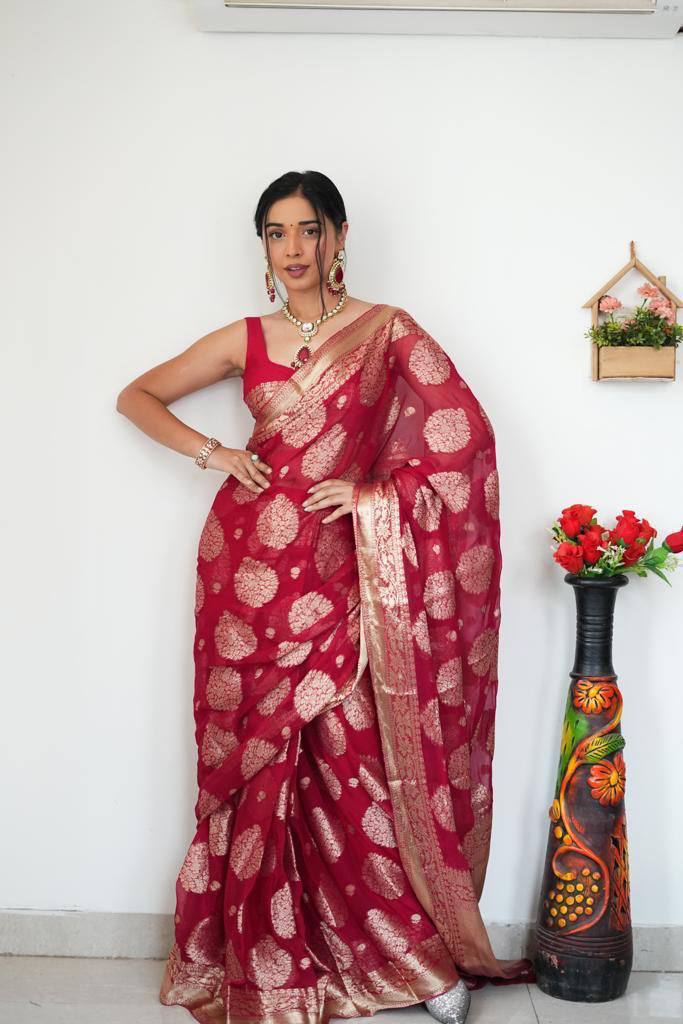 Red Soft Lilan Slab Ready To Wear Jacquard Weaving Saree With Zalar