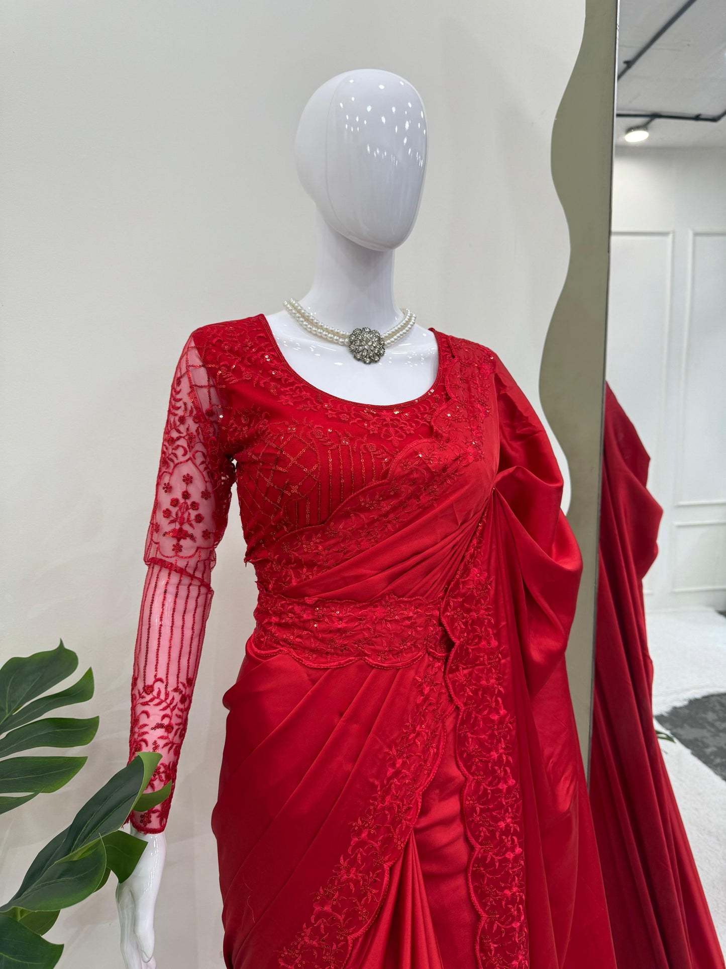 Satin Silk Red Color With Belt and Designer Blouse