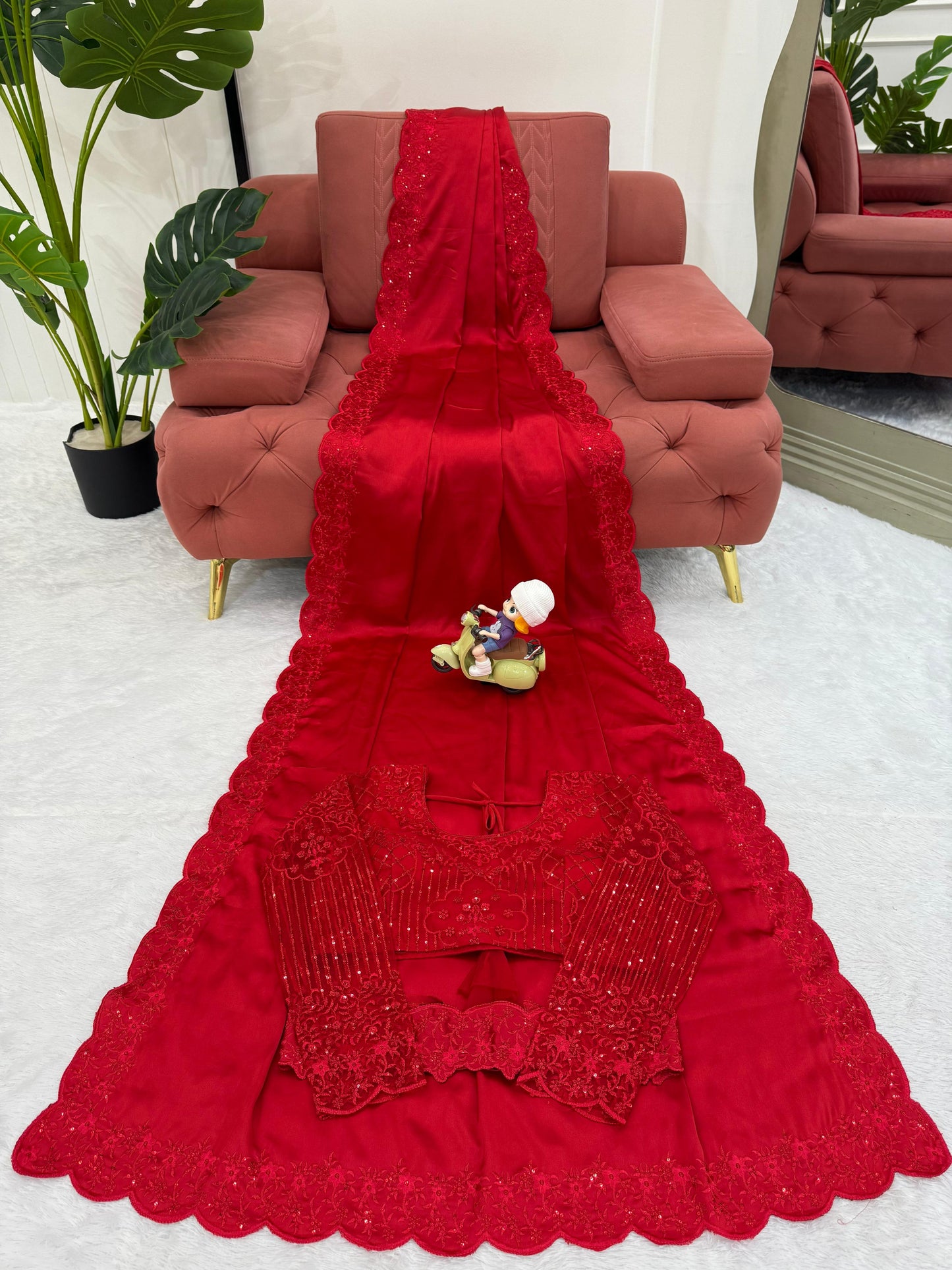 Satin Silk Red Color With Belt and Designer Blouse