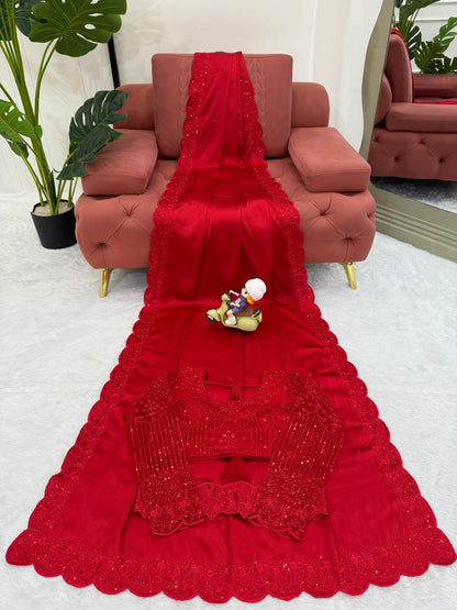 Satin Silk Red Color With Belt and Designer Blouse