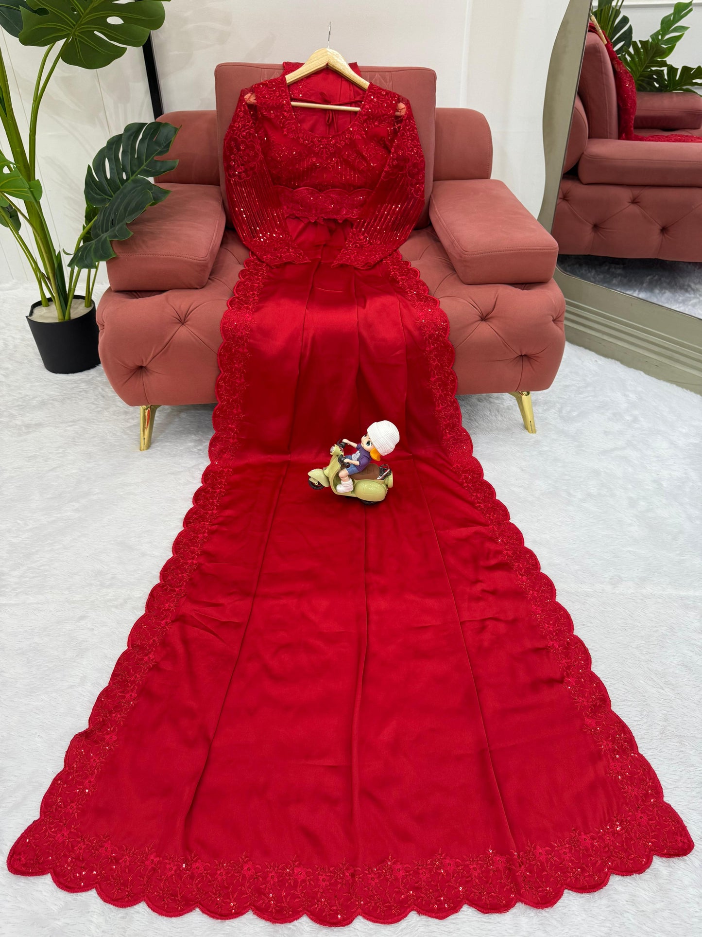 Satin Silk Red Color With Belt and Designer Blouse