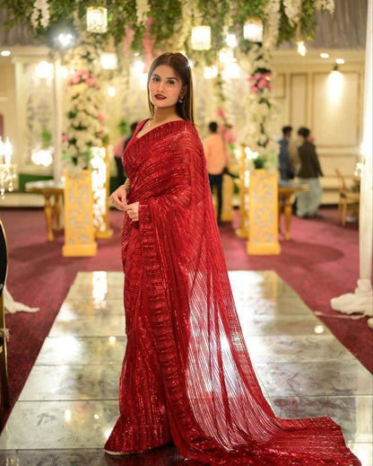 Cherry Red Heavy Sequence Work Saree