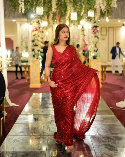 Cherry Red Heavy Sequence Work Saree