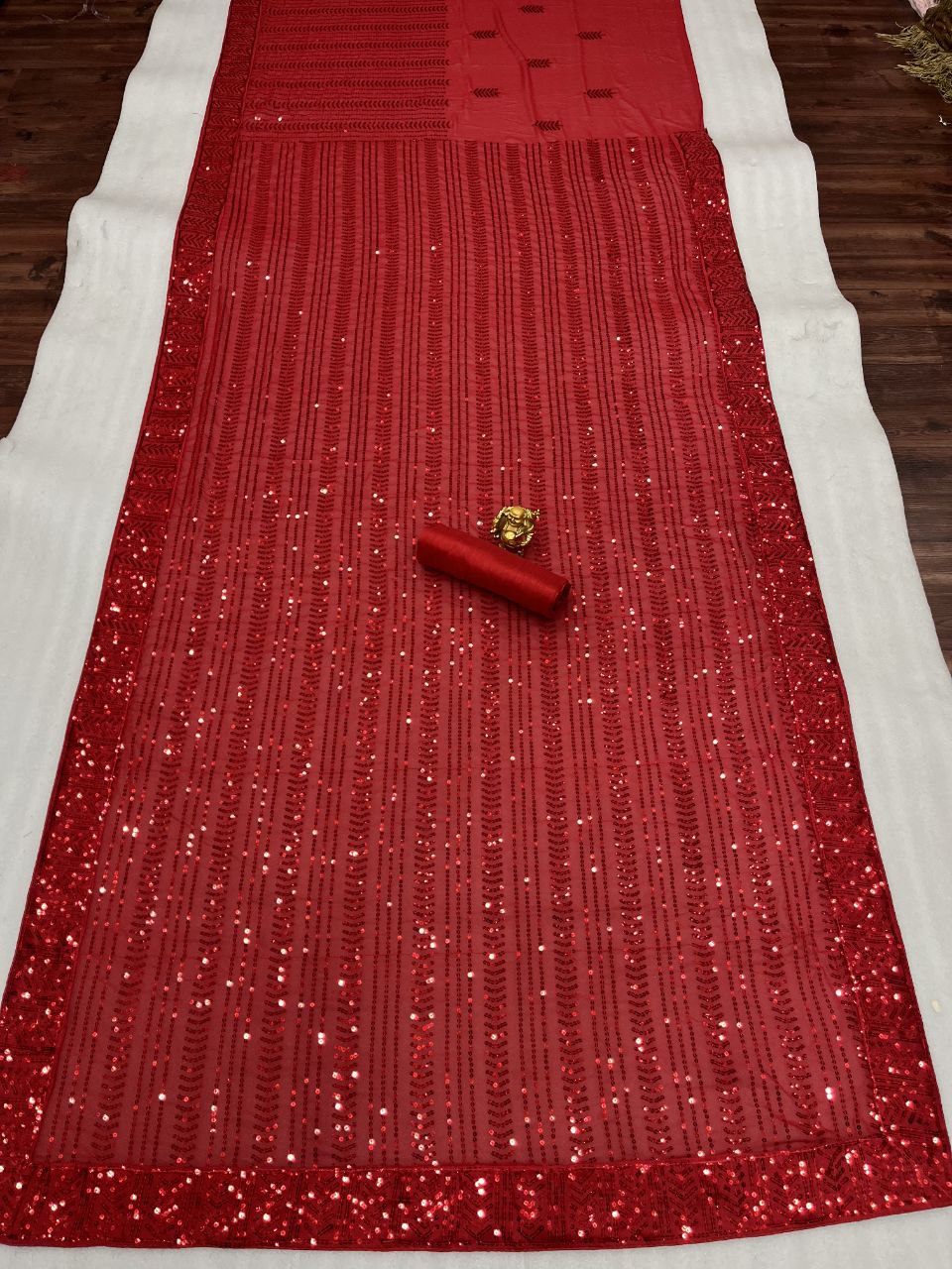 Cherry Red Heavy Sequence Work Saree