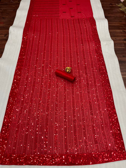 Cherry Red Heavy Sequence Work Saree