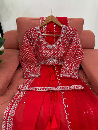 Red Tubby Silk Saree with Intricate Thread and Sequince Embroidery Work