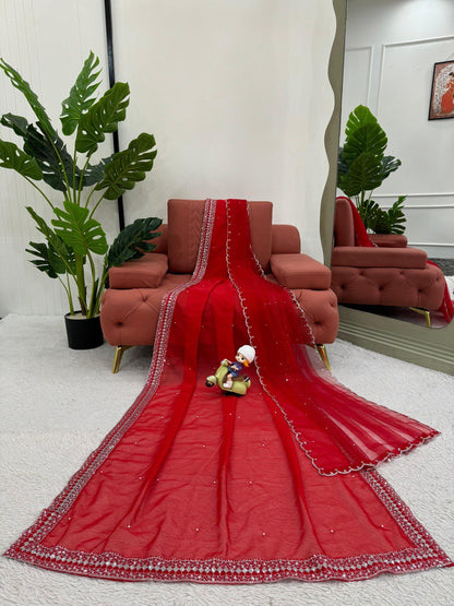 Red Tubby Silk Saree with Intricate Thread and Sequince Embroidery Work