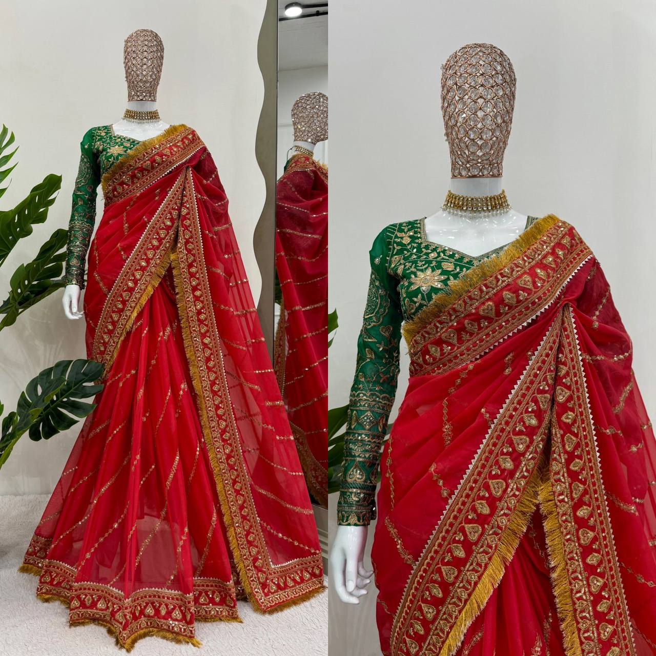 Wedding Wear Red Color Organza Silk Saree Blouse