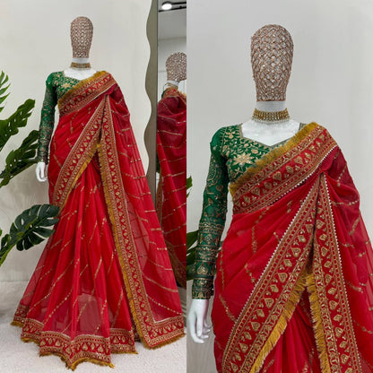 Wedding Wear Red Color Organza Silk Saree Blouse