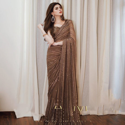 Rust Color Georgette Sequence Work Designer Saree with Blouse